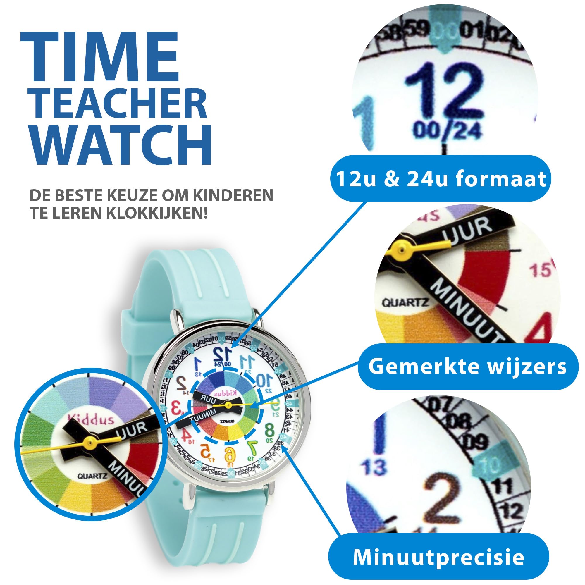 Kiddus Montre Enfant Éducative Analogique, Fille et Garçon Dès 5 Ans | Turquoise, 3ATM uniquement éclaboussures, aiguilles classiques et grands chiffres lisibles