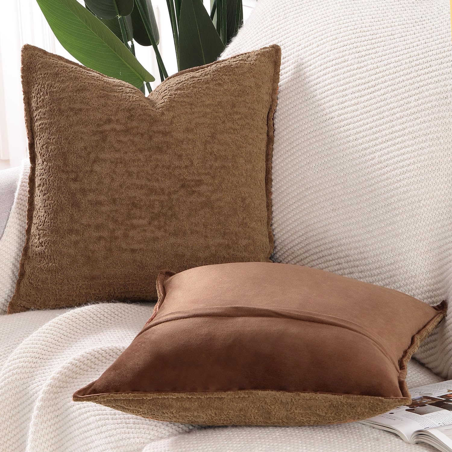 Madizz Pack of 2 Chenille Velvet Cushion Covers 40x40 cm Brown Soft Neutral Decorative Throw Pillow Covers Accent Boho Pillowcases for Couch Sofa Modern Farmhouse Home Decor - Image 2