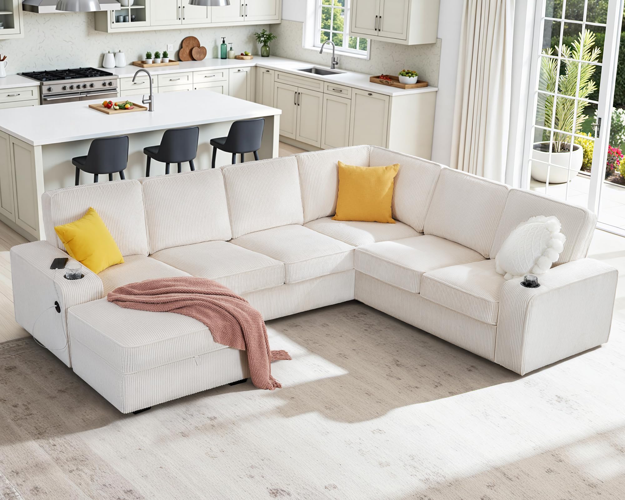 amerlife 112 inch u shaped couch, oversized couch with storage chaise & cup holders, sectional sofa with usb & type-c charging ports, corduroy beige (incomplete box 1 of 2 j