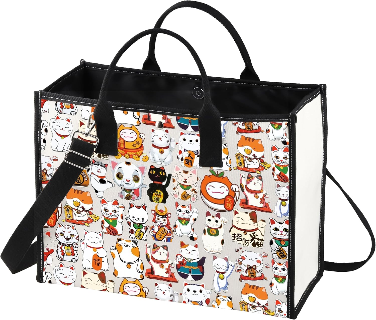 LEVLO Maneki Neko Tote Bag - Lucky Cat Lover Gift - Kawaii Cat Shoulder Bag - Merchandise