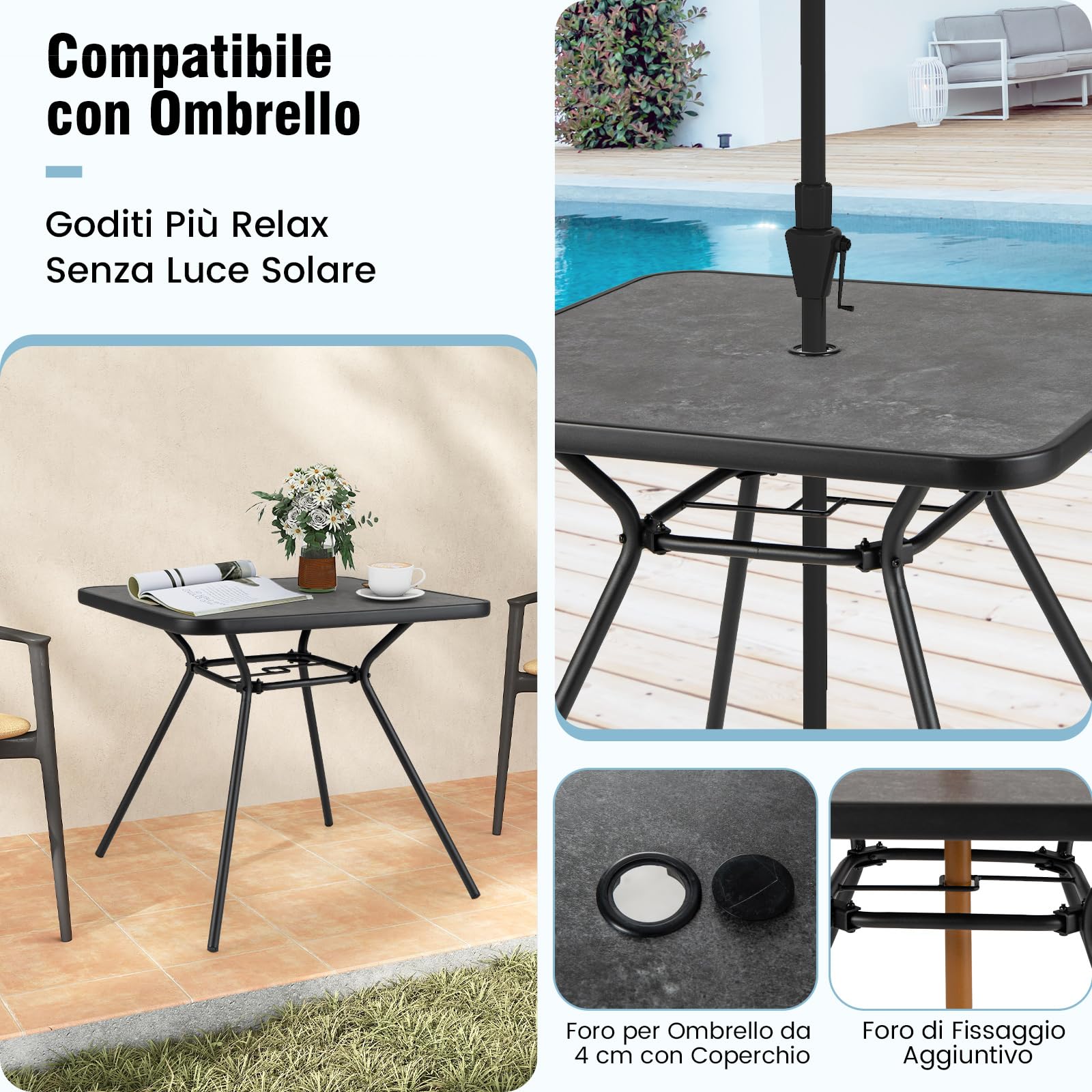 RELAX4LIFE Tavolo da Giardino 80x80x73cm SPC Metallo Foro Ombrellone φ4cm Portata 100KG