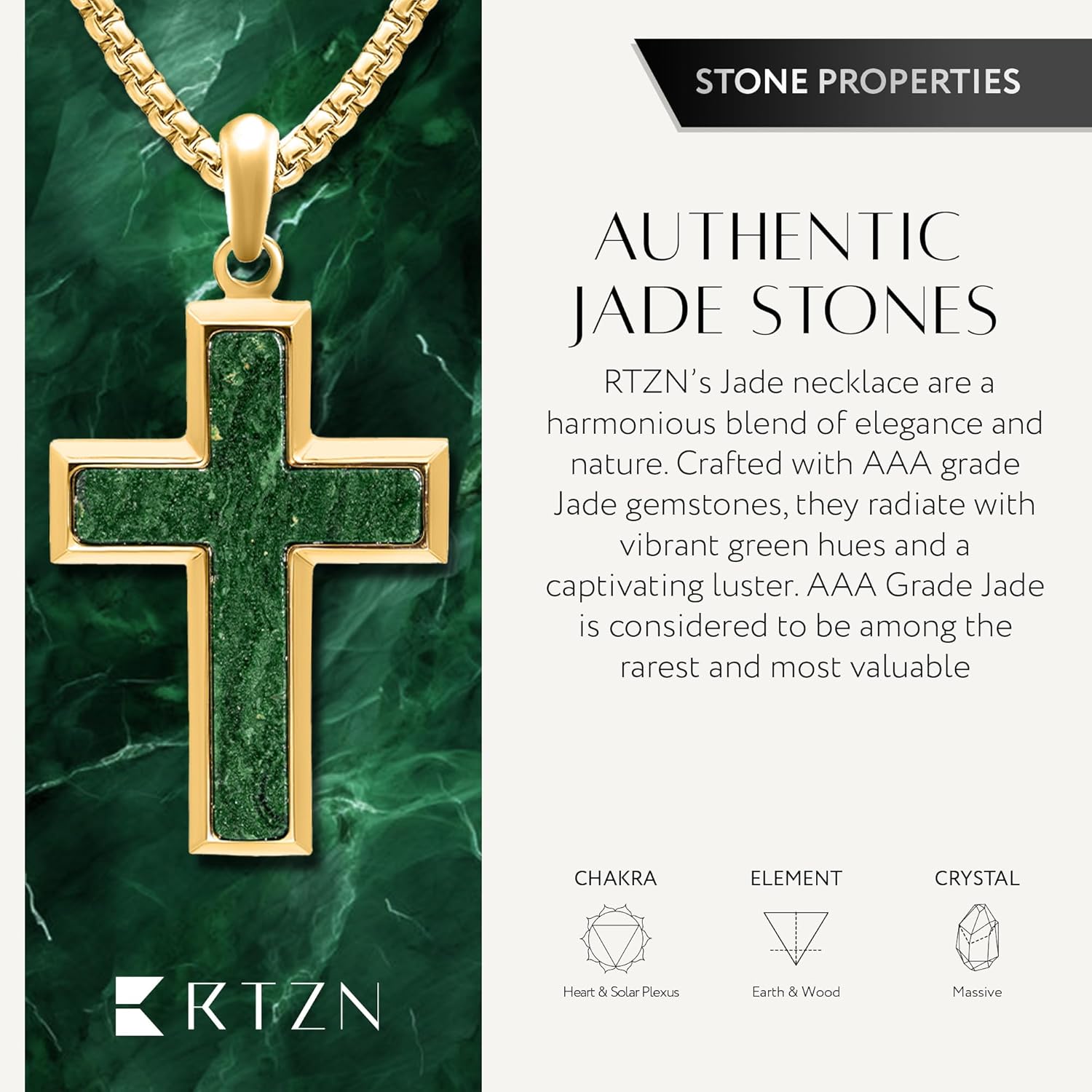 RTZN® Jade Necklace for Men – Premium Green Jade Pendant with Stainless Steel Box Chain 22" + 2" Extension – 18K Gold Plated Dog Tag, Square & Cross Pendant Necklaces – Luxurious Men's Jade Jewelry - Image 4