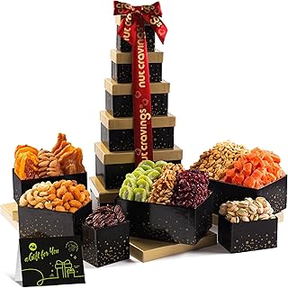 NUT CRAVINGS - Holiday Christmas Mixed Nuts Gift Basket Black Tower + Heart Ribbon (12 Assortments) Xmas Treats for Adults, Food Arrangement, Healthy Snack Care Package, Kosher