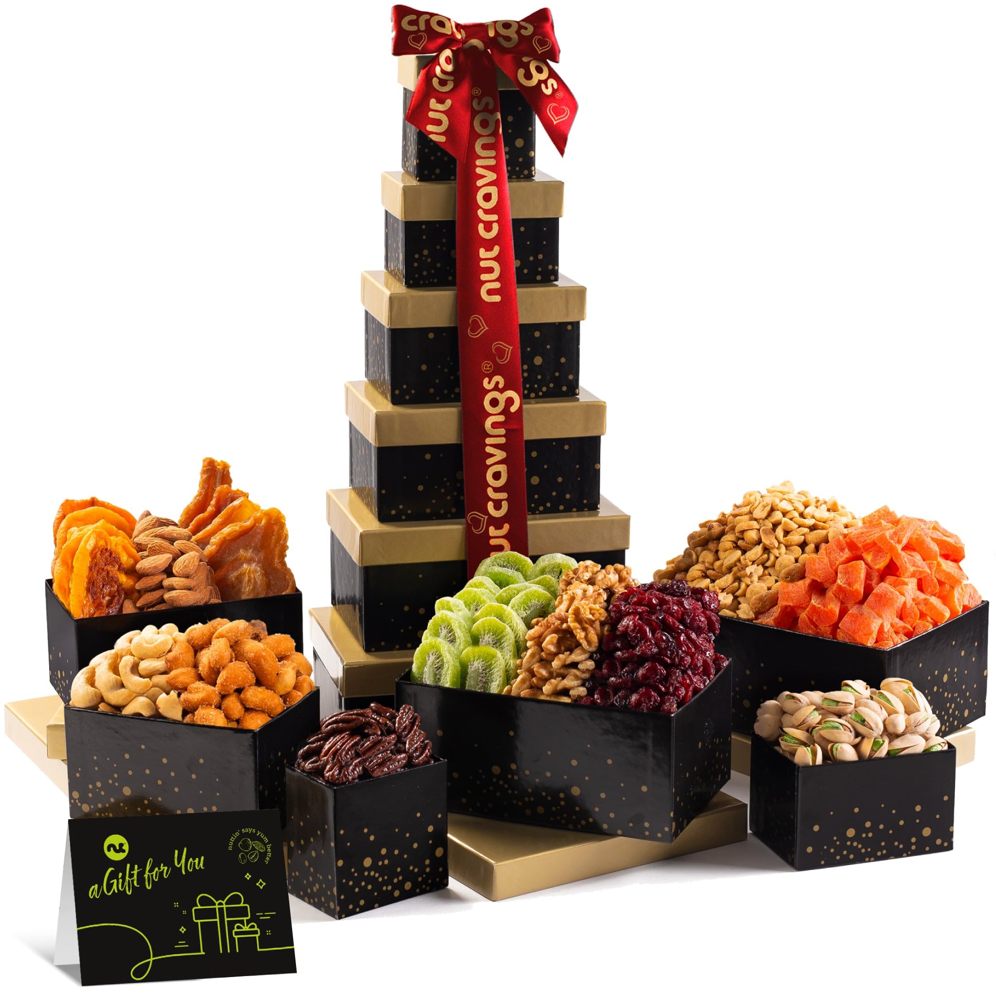 Valentines Day Dried Fruit & Mixed Nuts Gift Basket, Black Tower + Heart Ribbon (12 Assortments) Treats for Adults, Food Arrangement, Healthy Snack Care Package, Kosher