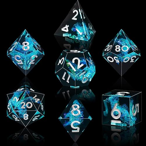 Vista 42 de AUSTOR Juego de dados DND de 7 troqueles hechos a mano, dados poliédricos de resina de borde afilado para juegos de mesa de Dungeons and Dragons RPG