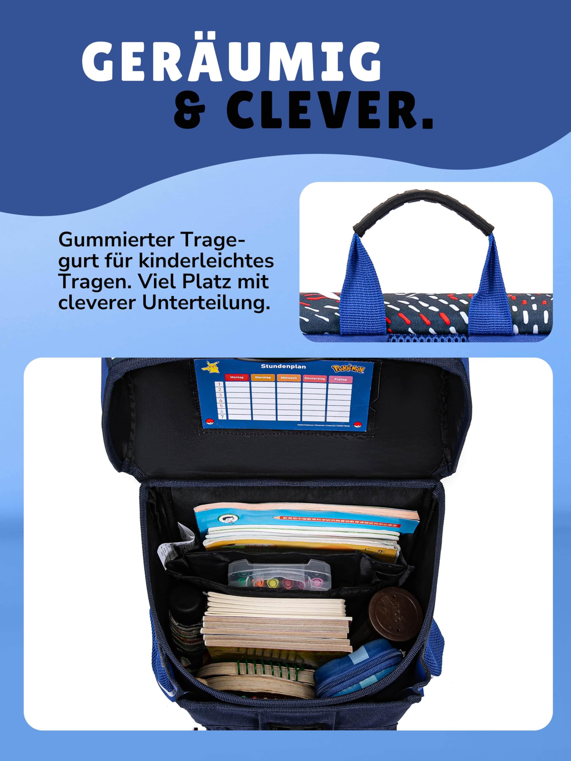 Familando - Schulranzen Set 6-teilig mit Sporttasche - Pokémon mit Pikachu Motiv - Ergonomisch, stabil & mit gepolstertem Rücken - 990g leicht, 16L Volumen - Mit Reflektoren - ab 1. Klasse