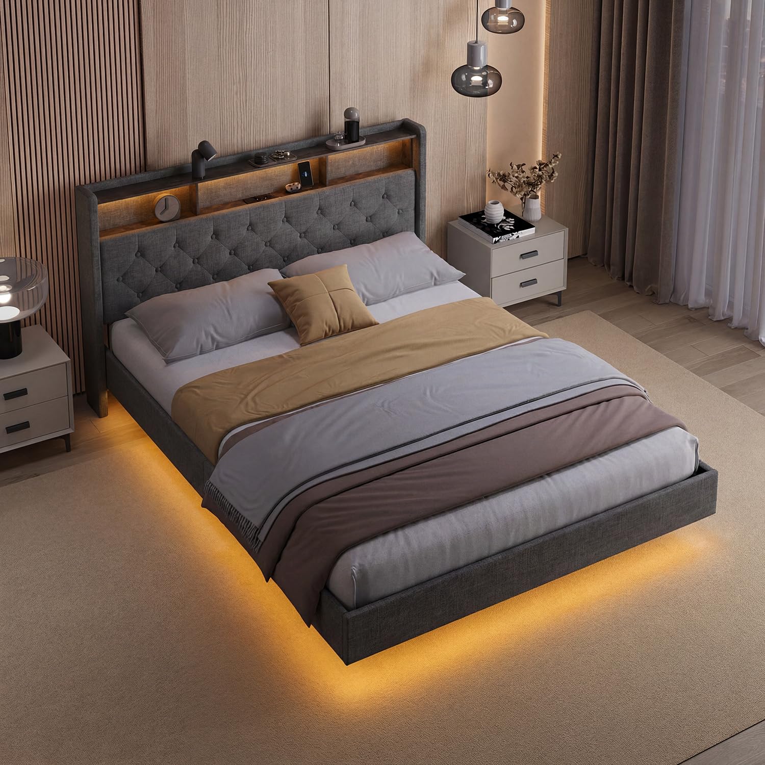 Xbro Letto Matrimoniale 140x200 cm con LED RGB APP, 2 Prese AC, USB e Type-C, Testiera Imbottita con Ripiano Integrato, Letto Fluttuante con Struttura in Metallo e Rete a Doghe,