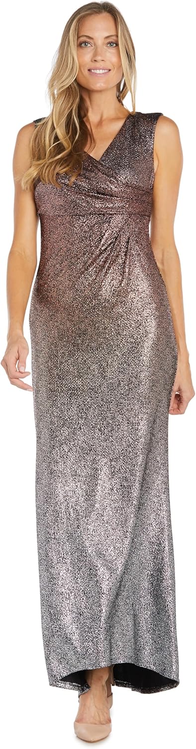 R&M Richards Women's Sleeveless Ombre Foil Knit Wrap-Front Long Gown