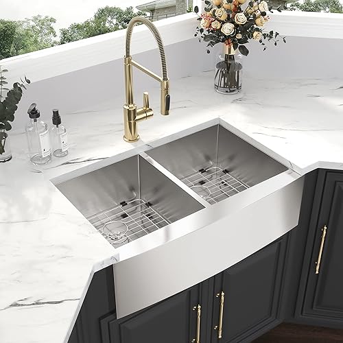 Miniatura 3 de Kichae 33 Farm Sink Double Bowl - Delantal de fregadero de granja de 33 pulgadas, delantal frontal de doble tazón, acero inoxidable 5050, calibre