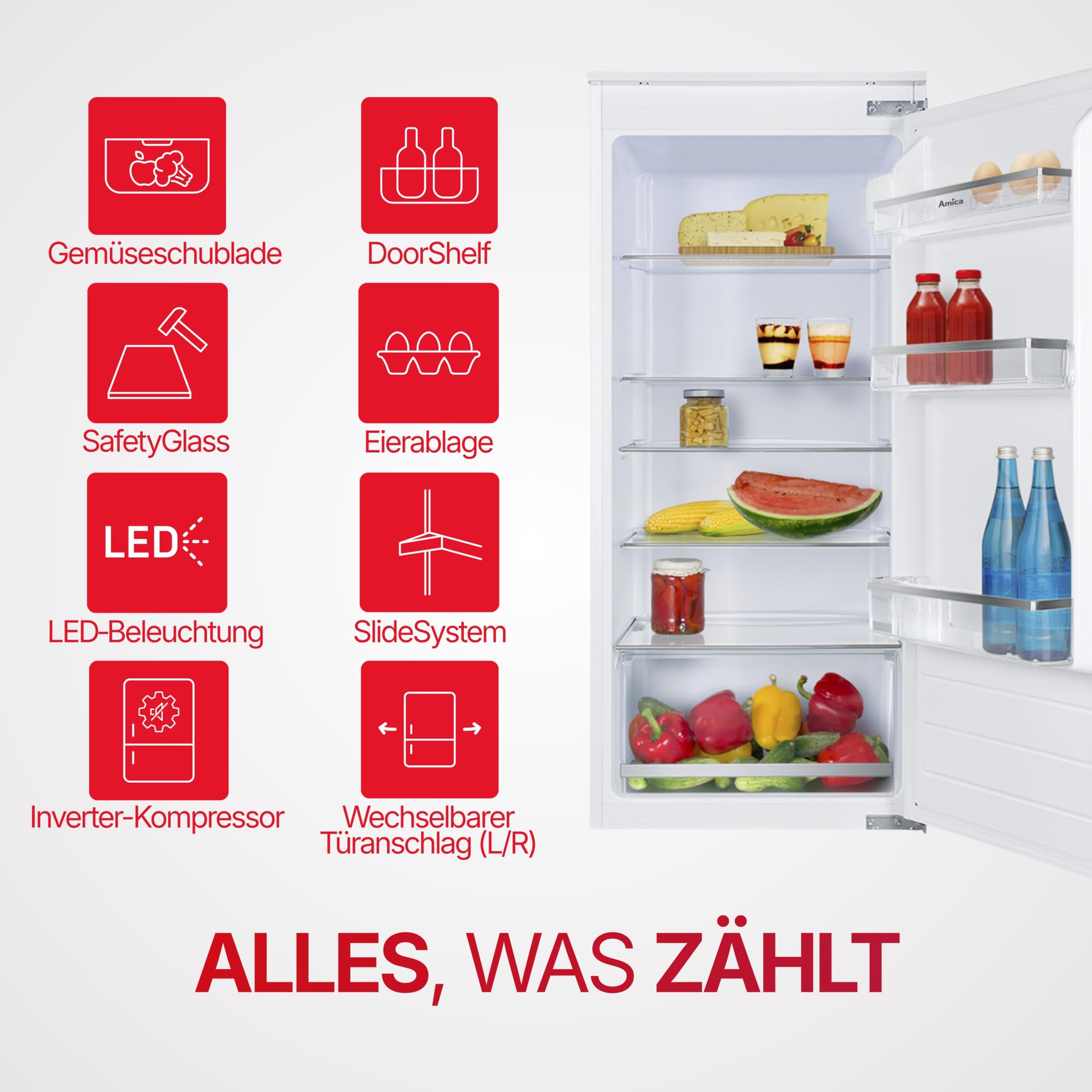 Amica Einbau Kühlschrank 197 L 122,1x54x54 cm EVKSS 352 221 | 1220 mm Nische, Schlepptür-Technik, Inverter Kompressor, Elektronische Steuerung, Tür-Offen-Alarm, LED Beleuchtung