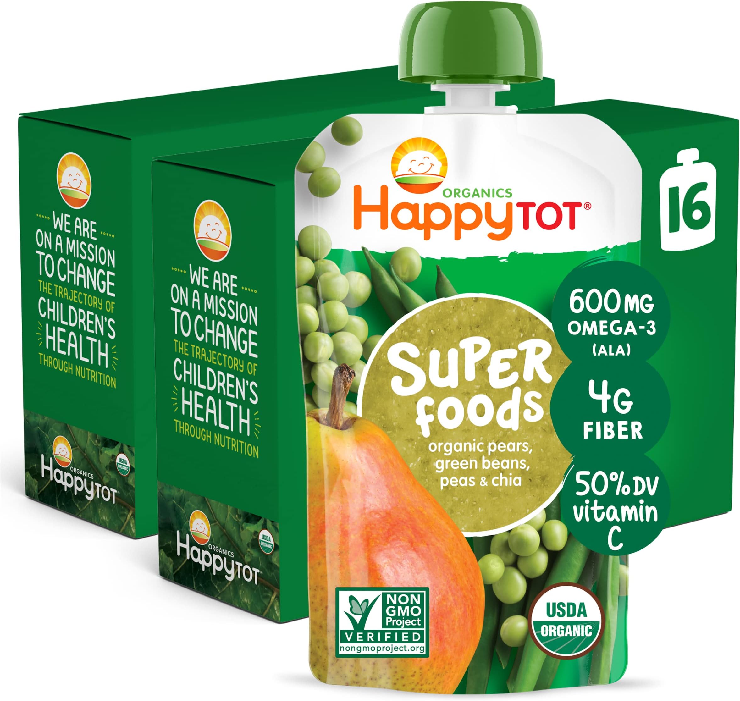 Organics Stage 4 Baby Food Pouches, Gluten Free, Vegan Snack, SuperFoods Fruit & Veggie Puree, Pears, Peas, Green Beans & Chia, 4.22 Ounce (Pack of 16)
