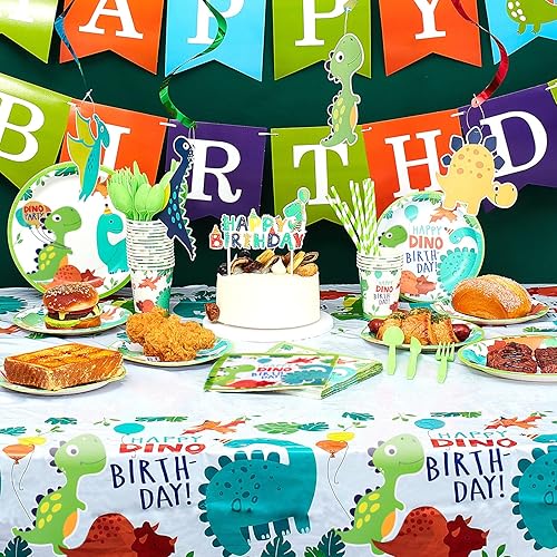 Miniatura 6 de Tessco - 193 piezas de suministros para fiesta de cumpleaños de dinosaurios, incluye platos, tazas, servilletas, pancartas, cuchillos, tenedor,