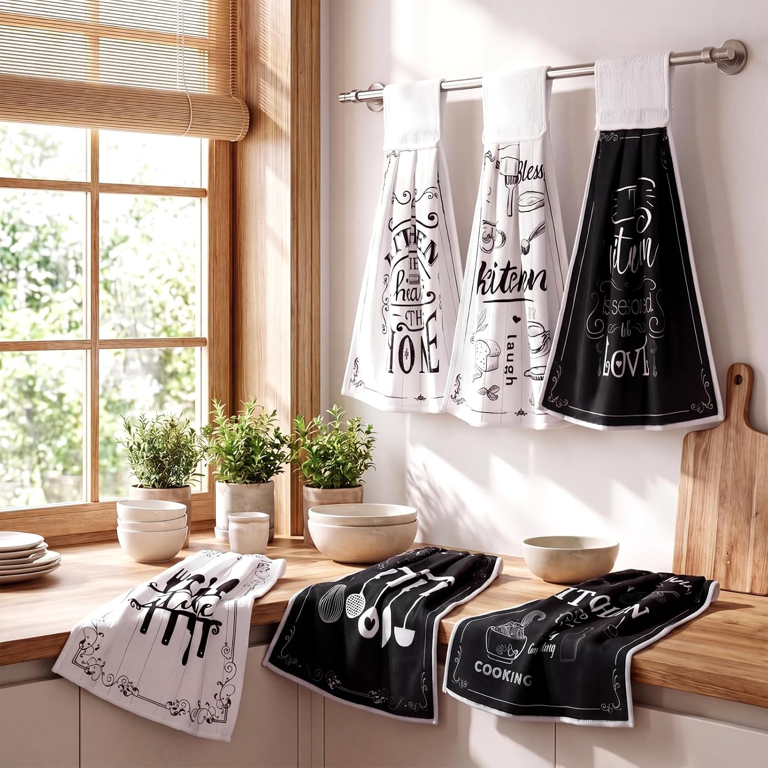 Tegeme 6 Pcs Hanging Kitchen Towels with Loop, Absorbent Hand Tie Towels Microfiber Decorative Fast Drying Hanging Towel for Home Bathroom (Classic)