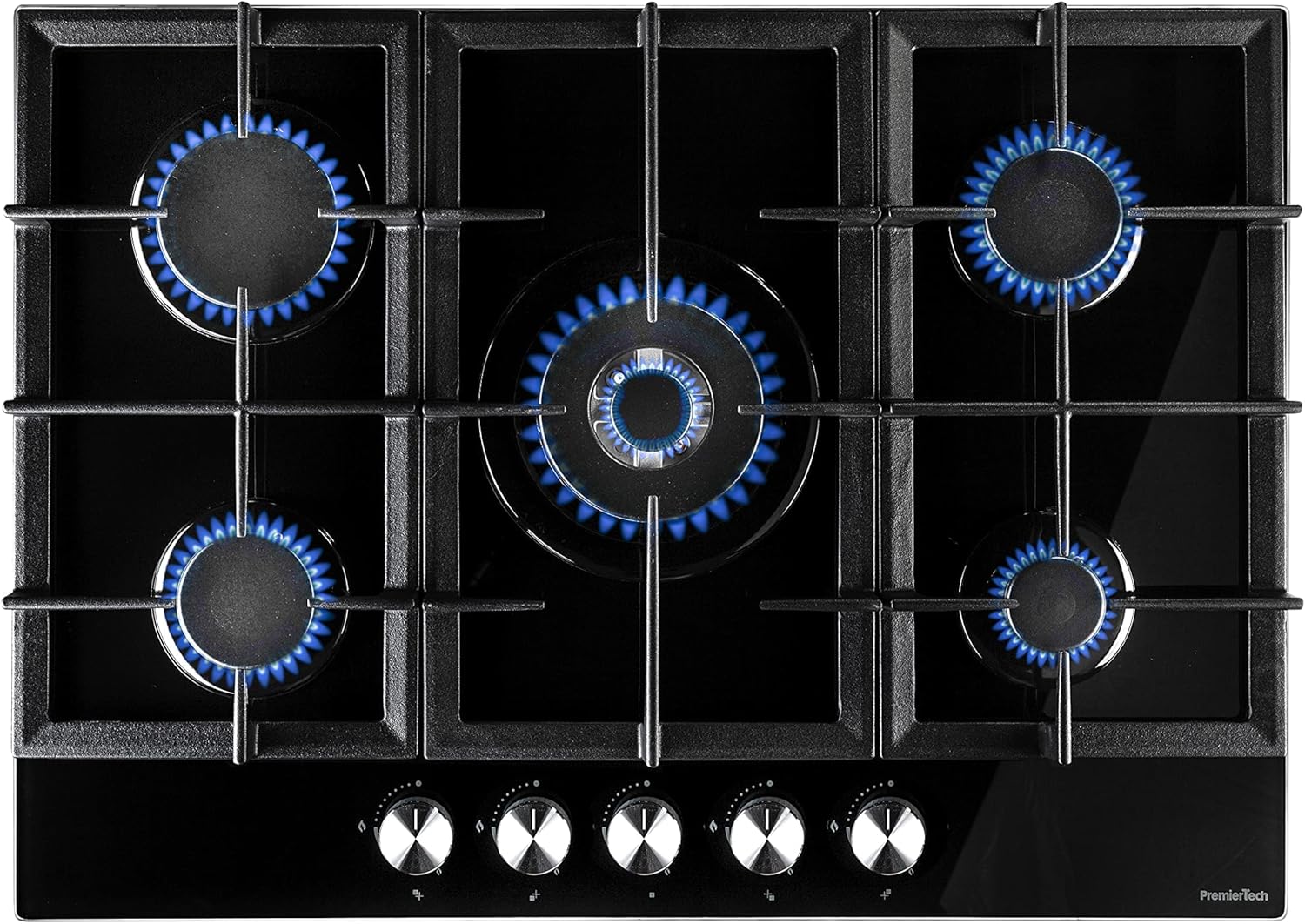 PremierTech PC705G Piano Cottura a Gas da 70cm, 5 fuochi, Vetro Nero, Bruciatore Wok, Supporti in Ghisa, GPL e Metano PremierTech PC705G Piano Cottura a Gas da 70cm, 5 fuochi, Vetro Nero, Bruciatore Wok, Supporti in Ghisa, GPL e Metano