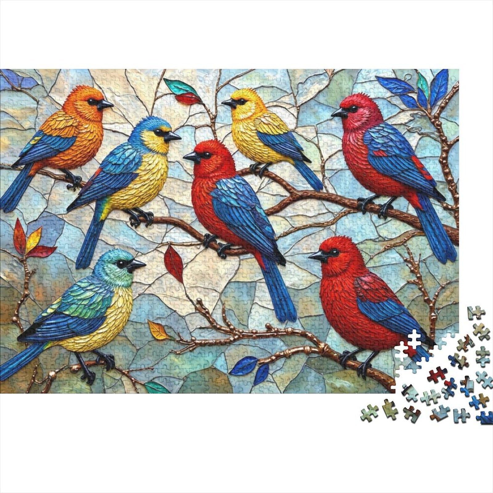 Stained Glass Birds Stained Glass Colorful Birds Branch Perch Puzzles for Adults Kids 1000 Pieces Great Gift Idea Wall Decoration 38x26cm/1000pcs