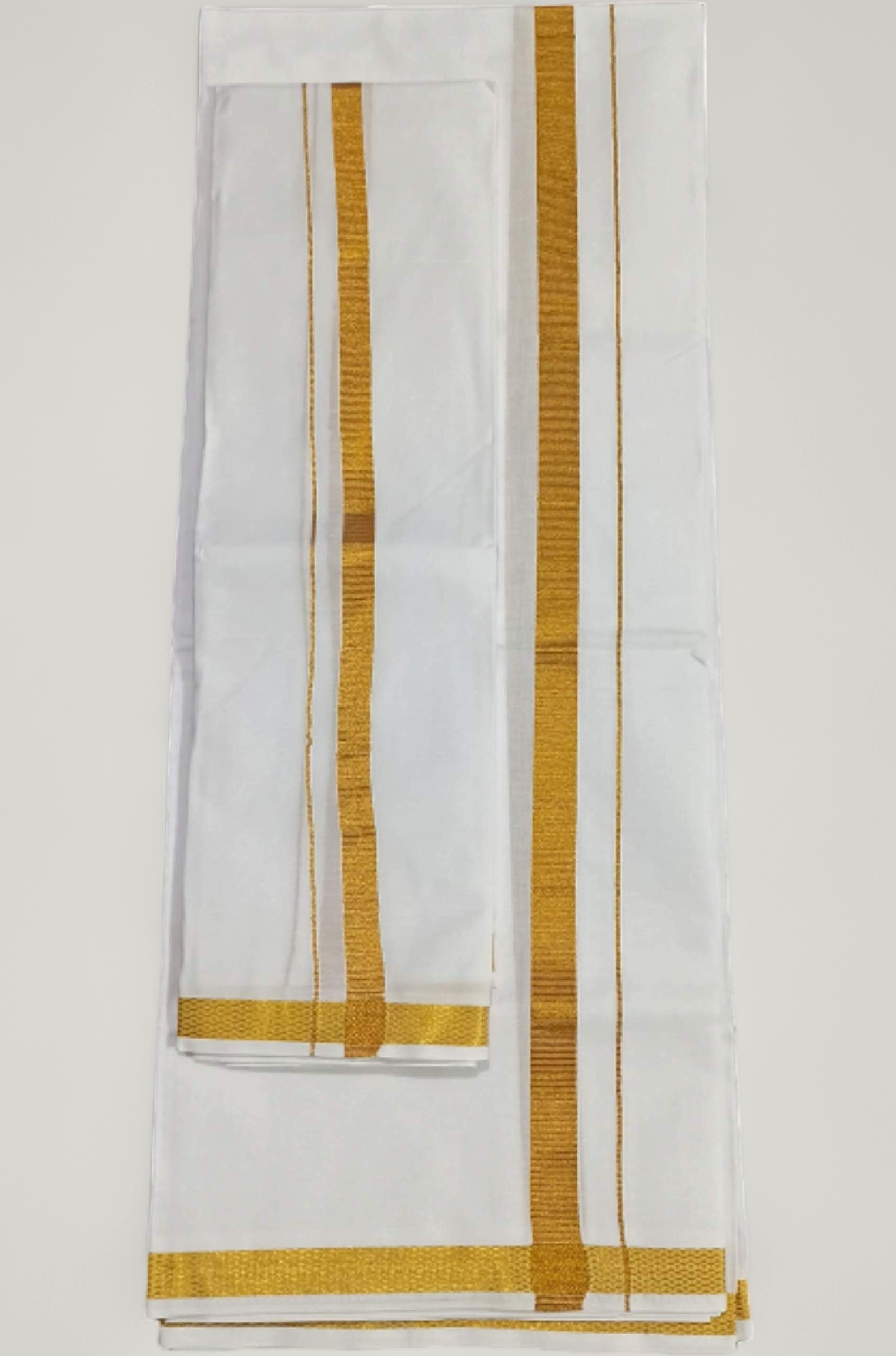 SMT Men's Traditional Cotton Single Dhoti Lunge with Big Gold Border.Plus 1 Angvastram Towel 1.80 Meters Length.(White, Free Size ).Set.A1