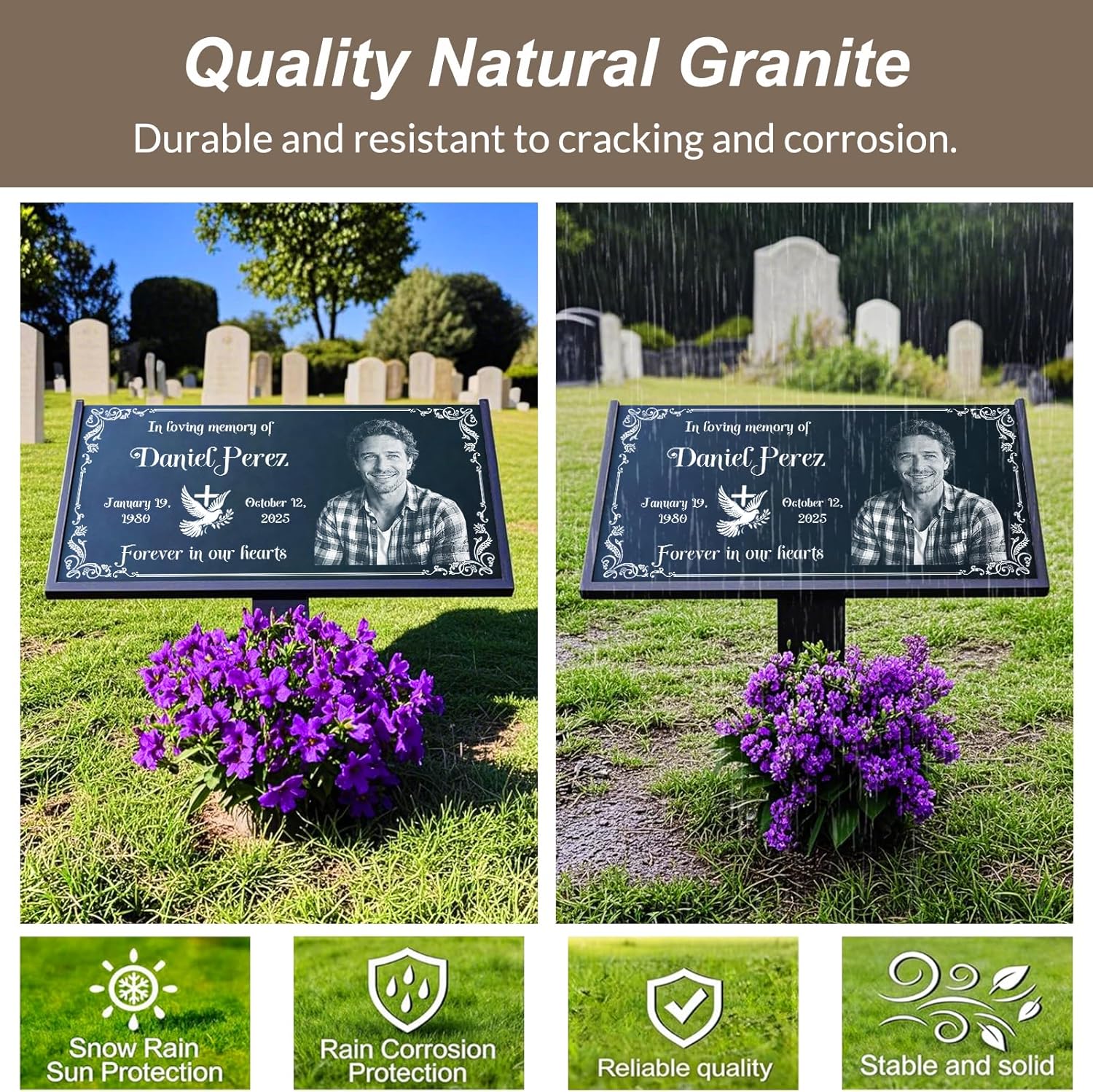 Headstone Grave Marker, Natural Granite Memorial Stone Cemetery Tombstone Personalized Engraved Temporary Grave Stone for Cemetery for Humans