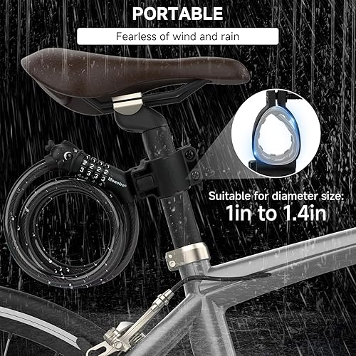 Miniatura 6 de Candado de bicicleta, 3.9 pies, combinación de 4 dígitos reiniciable, bloqueo de cable antirrobo, bonito candado de bicicleta en espiral con soporte