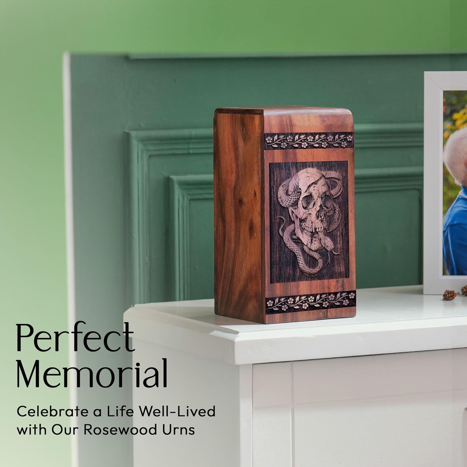 Skull and Snake Decorative Mini Cremation Urn for Ashes Adult Male - Wooden Small Urns for Human Ashes Keepsake - 5X3 Inches