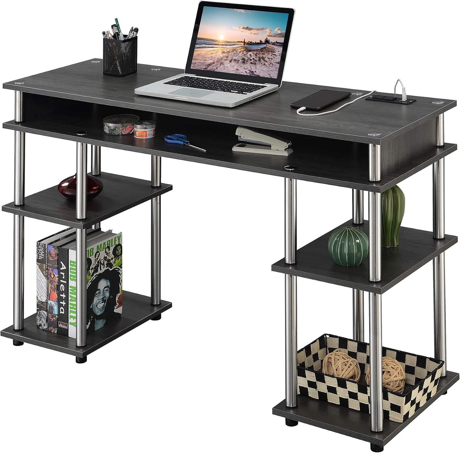 Convenience Concepts Designs2Go No Tools Student Desk with Charging Station and Shelves, Charcoal Gray