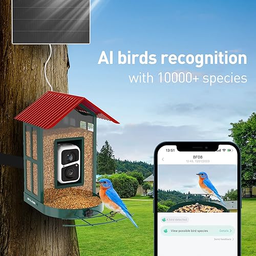 Miniatura 3 de SOLIOM Comedero para pájaros con cámara alimentado por energía solar, video en vivo en 2K, funda de metal a prueba de ardillas, colibrí y bola de