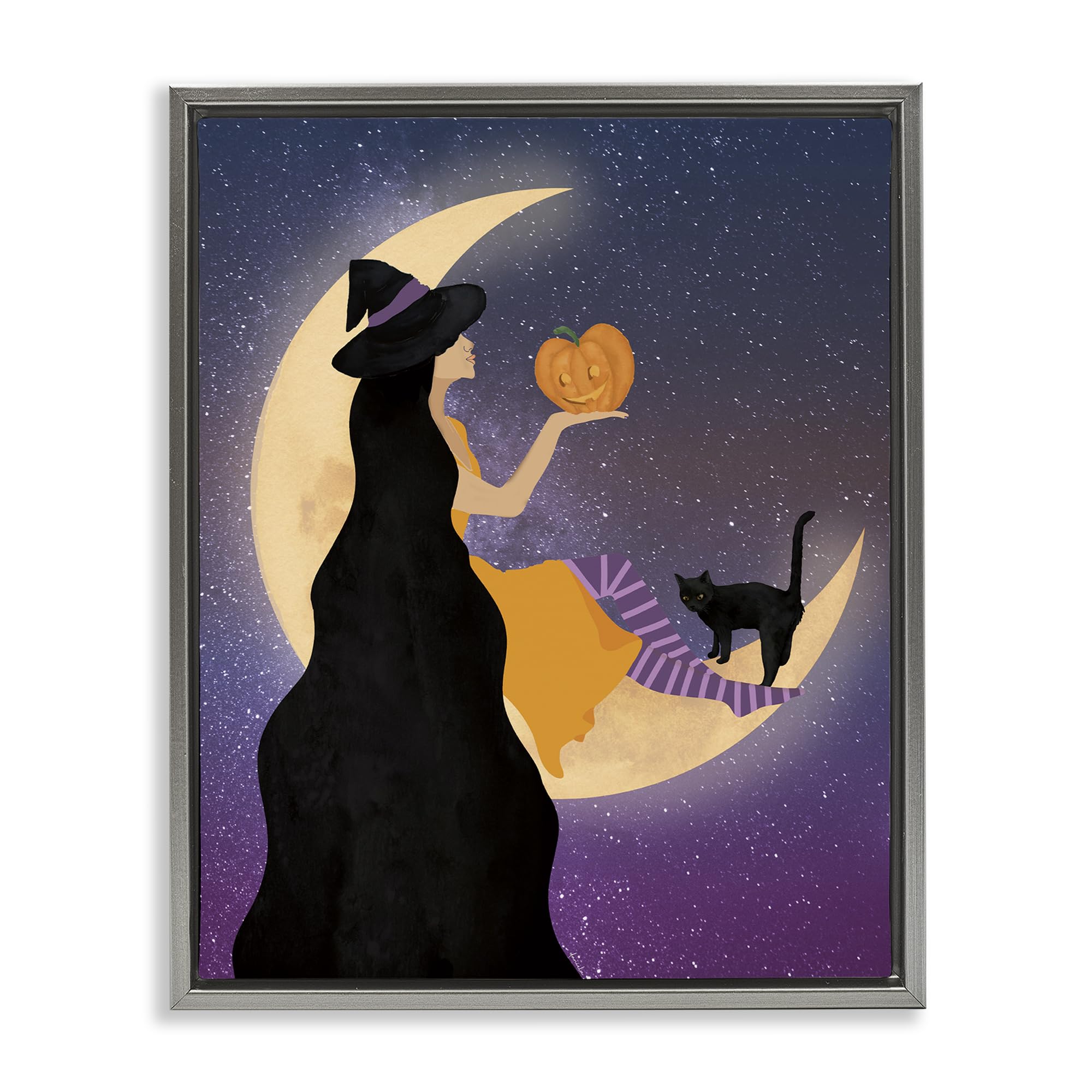 Stupell Industries Luster Gray (Matte) 'Moonlit Witch Holding Jack-O-Lantern', Floating Frame Canvas Art, Gray, 17 X 21 Inches, Easy To Hang And Sturdy, Made In Usa, By Daniela Santiago