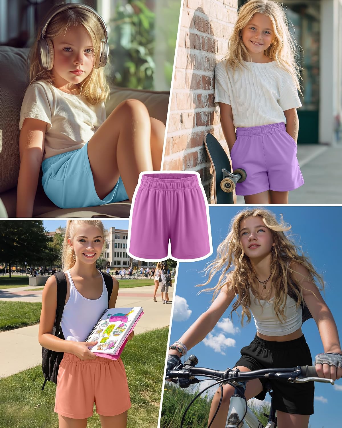 5 Pack Girls Athletic Shorts Cotton Wide Leg Summer Sport Casual Sweat Shorts with Pockets Elastic Waist Age 5-14Y