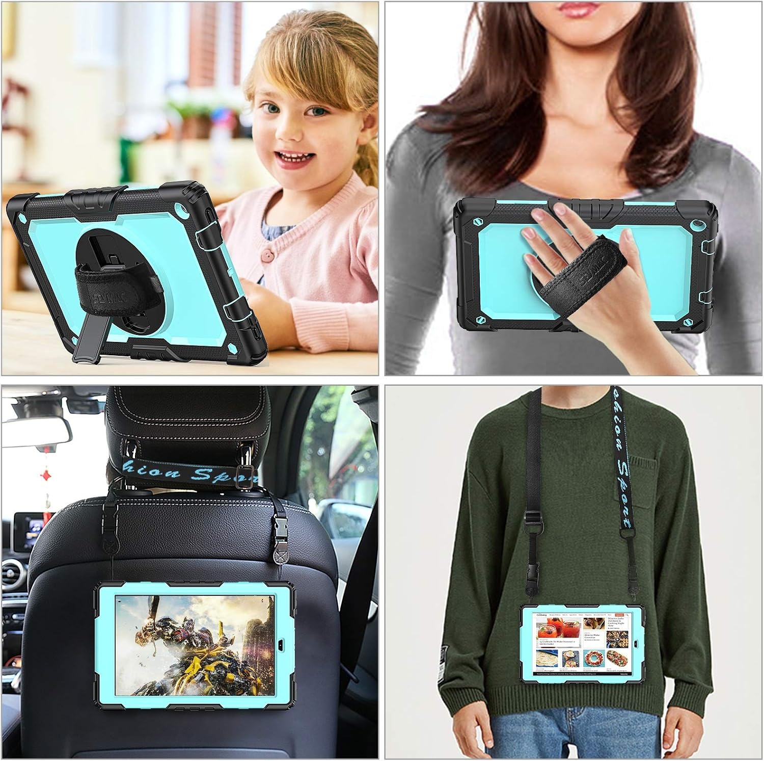 (NOT fit The 11th 2021) Amazon Fire HD 10 Case (ONLY fit 9th/7th Generation 2019/2017) with Screen Protector Pencil Holder [360 Rotating Hand Strap] &Stand, Drop-Proof Tablet Case (SkyBlue+Black)