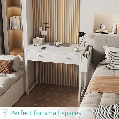Miniatura 14 de Lufeiya - Escritorio pequeño para computadora para dormitorio, oficina en casa, 2 cajones de tela de almacenamiento y bolsa, mesa de estudio para