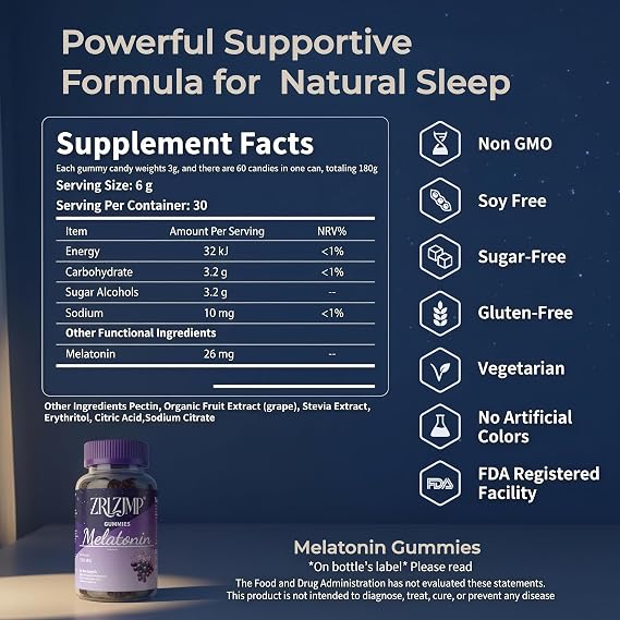26mg Melatonin Gummies, Sleep Supplement,Vegan, Non-GMO, Gluten-Free, Non-Addictive, Sleep Aids for Adults, Grape Flavor, 60 Count/30 Day