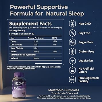 26mg Melatonin Gummies, Sleep Supplement,Vegan, Non-GMO, Gluten-Free, Non-Addictive, Sleep Aids for Adults, Grape Flavor, 60 Count/30 Day
