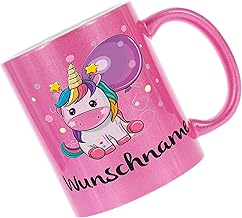 Crealuxe Glitzertasse (Perlmutteffekt) 'Einhorn Wunschname' personalisiert, Spruchtasse, hochwertige Keramiktasse, Geschenk für Kinder