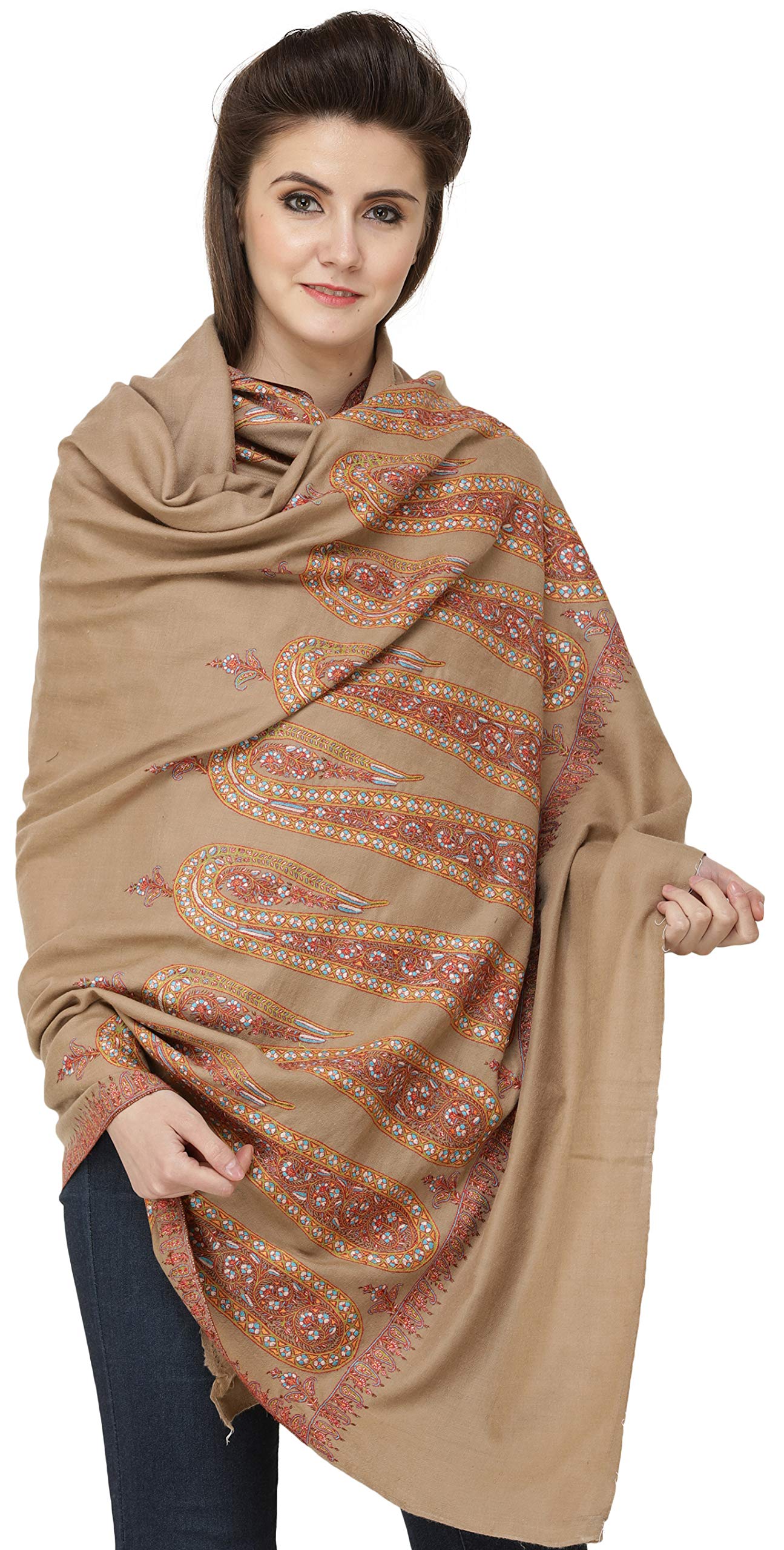 Corn-stalk Pure Pashmina Handloom Shawl from Kashmir with S - Brown