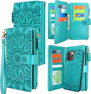 Harryshell Compatible with iPhone 12 Pro Max Case Wallet Detachable Magnetic Zipper Leather Cash Pocket 12 Card Slots Holder Wrist Strap Designed for iPhone 12 Pro Max 6.7 inch (Floral Blue Green)