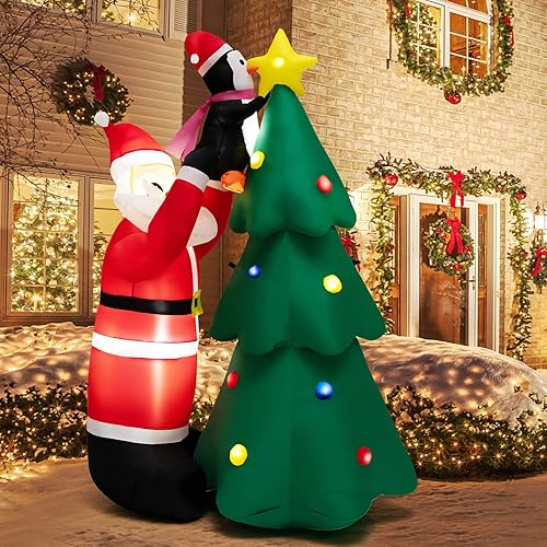 Tangkula Árbol de Navidad inflable de 6 pies y Papá Noel con LED y soplador de aire, infla la decoración de Papá Noel y pingüino para decorar un
