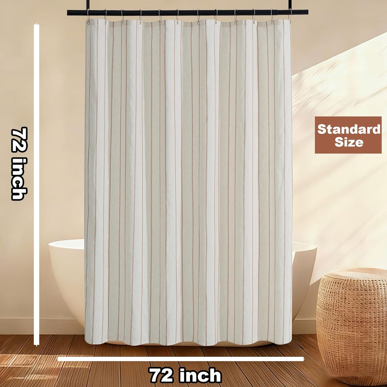 PROCIDA Terracotta Shower Curtain-Eyelet Striped, 72x72 Inch Yarn Dyed Linen Blend Cloth Fabric Bathroom Curtain with 12 Metal Hooks, Bath Curtain for Modern Farmhouse Bathrooms