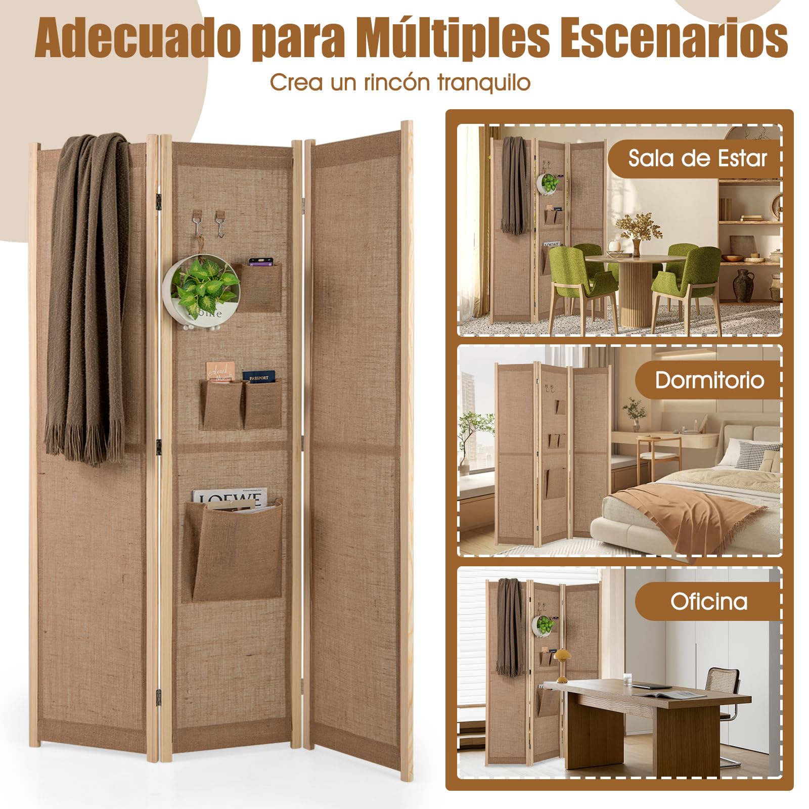COSTWAY Biombo Separador de Ambientes de 3 Paneles, 121 x 170 cm | Biombo Divisor con 2 Ganchos y 4 Bolsas de Almacenaje, Biombo Plegable de Lino Artificial para Hogar Oficina Sala de Estar