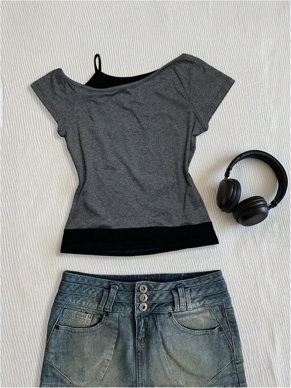 Women's Goth Graphic Tees Grunge Punk Cold Shoulder Asymmetrical Vintage Rave T Shirts Streetwear - Image 2