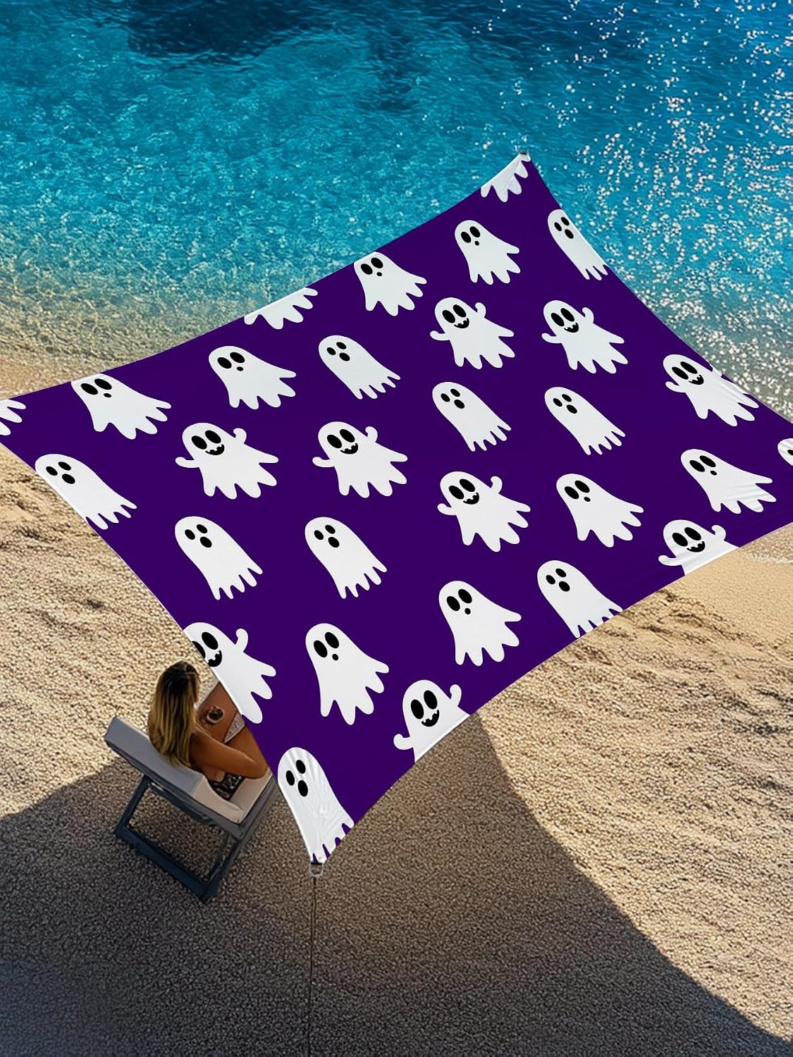 Halloween Sun Shade Sail 8'x10' Purple Ghost Rectangle Sun Shade Sails Canopy Waterproof Cute Spooky Horror Night Outdoor Sunshades Sand UV Block Cover Shade Cloth for Patio Backyard Garden Deck Porch image 2