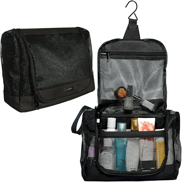 The Fine Living Co. Portable Hanging Shower Caddy Organizer Bag, Quick Dry Mesh Shower Caddy Tote Bag Pouch with Metal Hook for Bathroom College Dorm Camp Gym Camping Toiletry Bath (12x3x8)