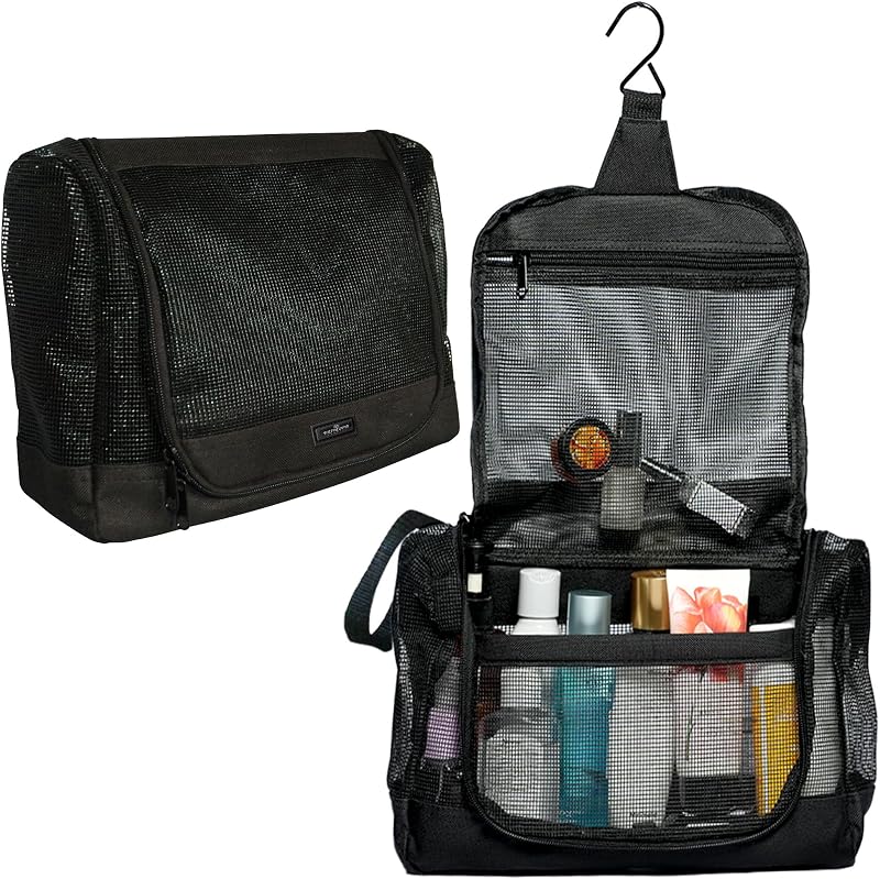 Necessaire tipo tote para banho The Fine Living Company com malha de oxford, zíper e gancho metálico