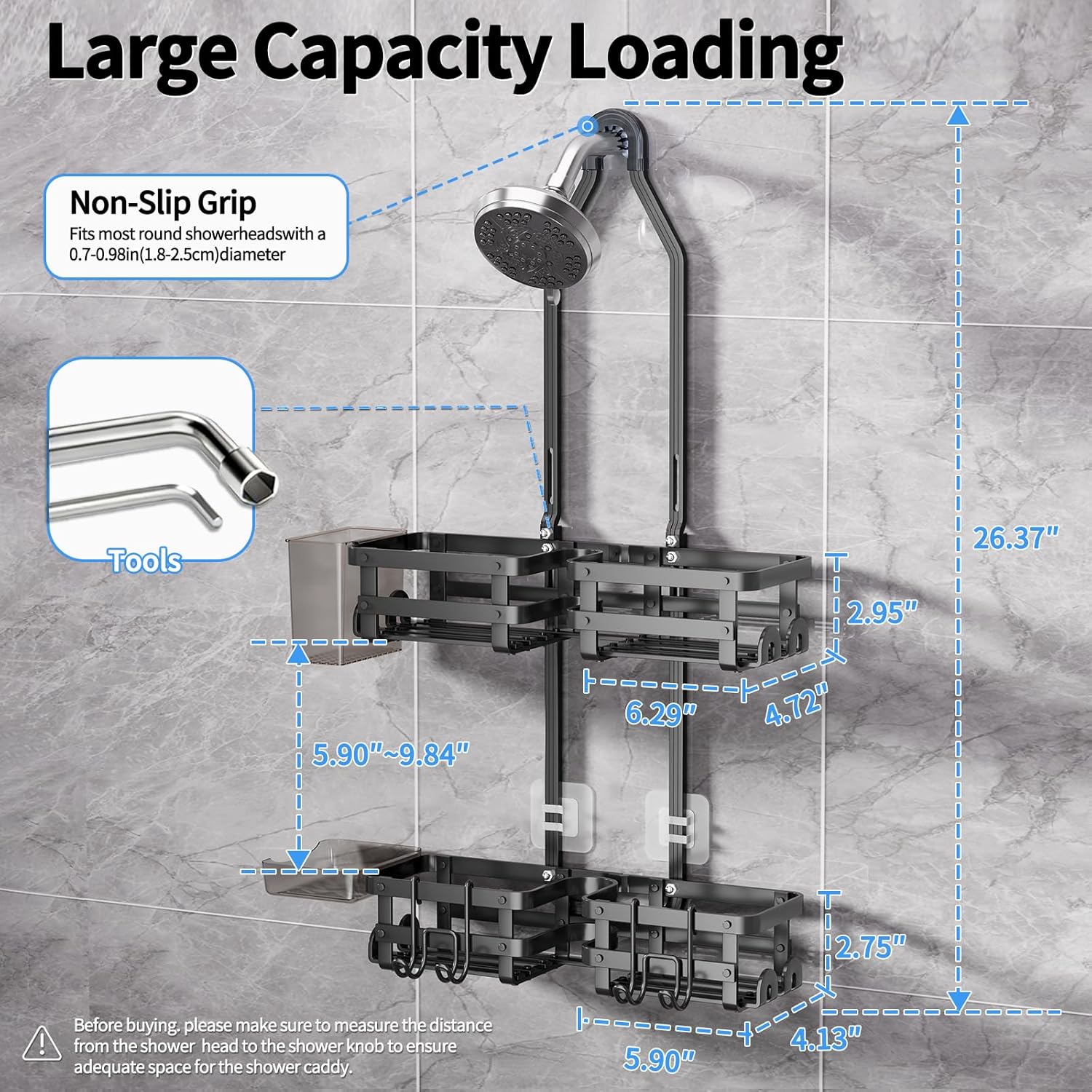 GAOKASE Aluminum Shower Caddy Hanging, Never Rust Shower Organizer- 4 Levels with adjustable Height 10 Hooks for Razor/Sponge - Rack with Soap Basket (Black-1)