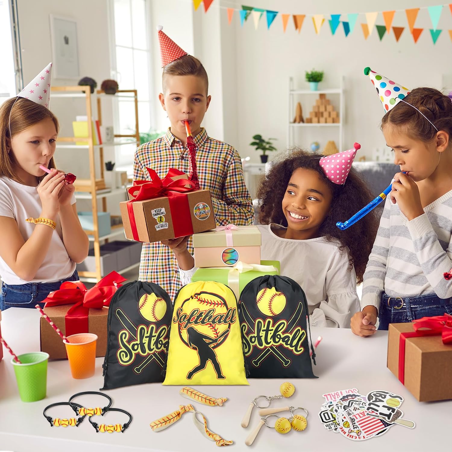 Jenaai 148 Pcs Softball Party Favors Include Drawstring Bags Charm Bracelets Keychain Hair Ties and Stickers, Softball Theme Gifts Party Favors for Women Birthday(Classic)