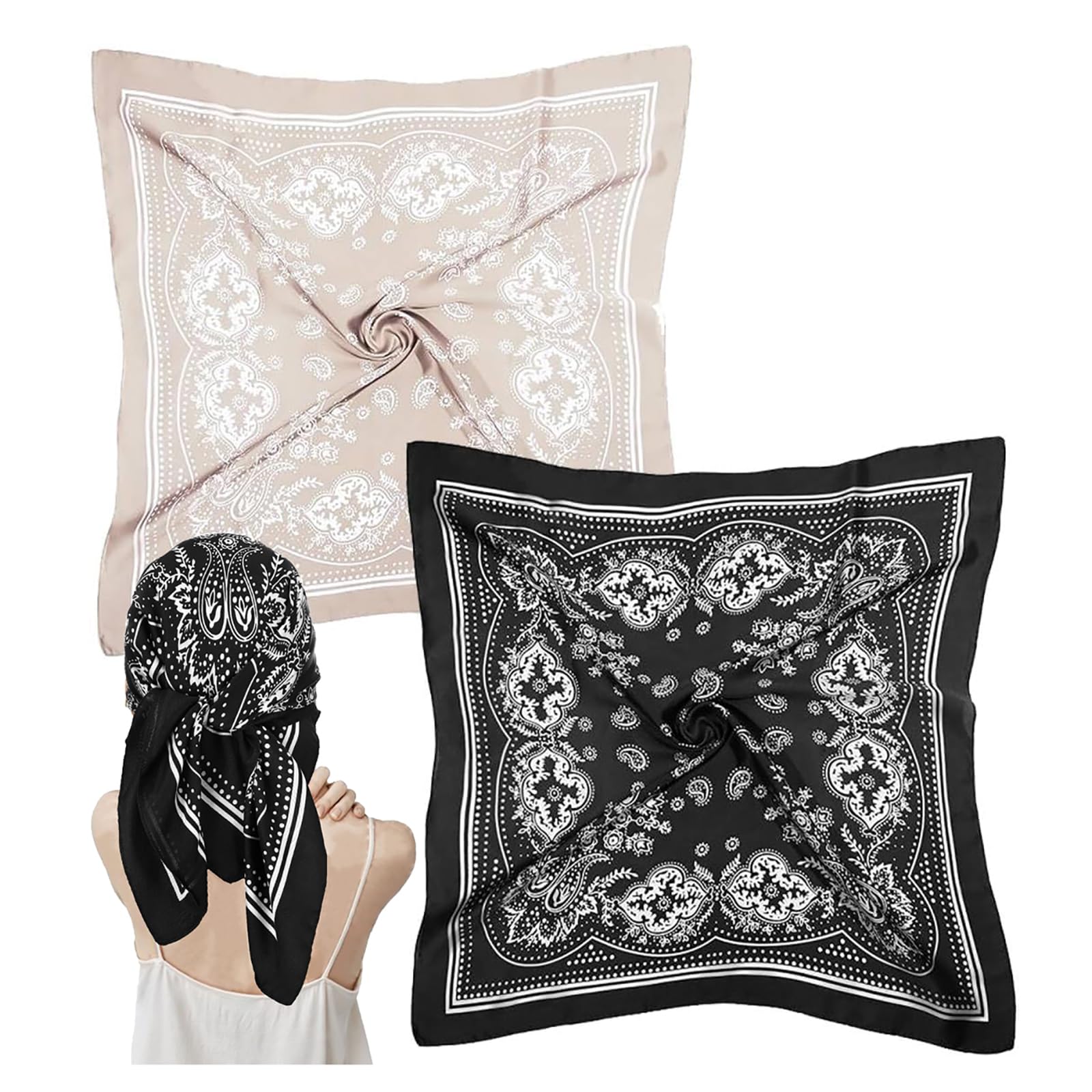 Seidentücher,2 PCS Weiches Satin-Kopftuch für Damen 70x70cm Elegantes Bandana Halstuch und Seidenschal Atmungsaktiv für Sommer Kopf Haare und als Accessoire