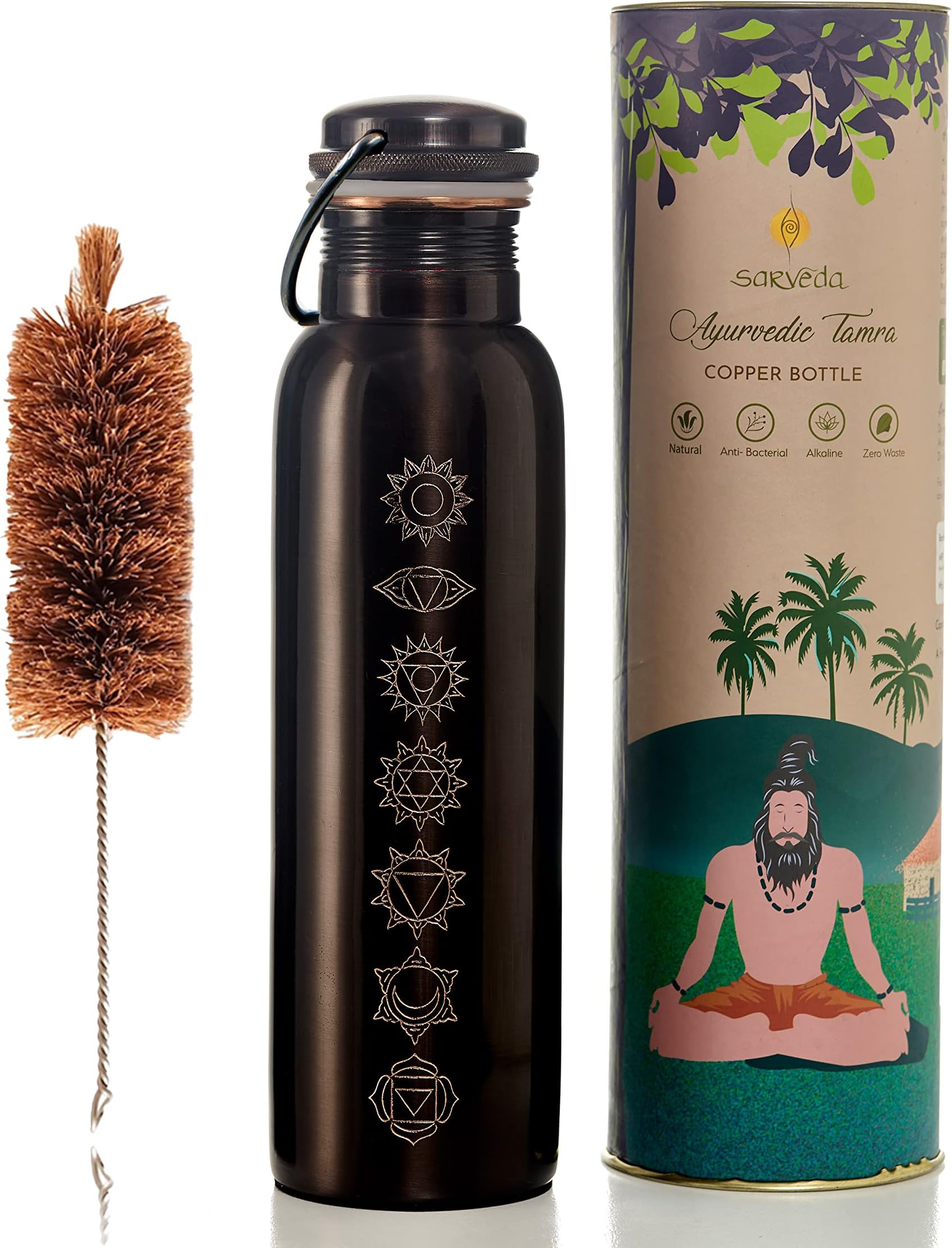 7 Chakra Engraved Copper Water Bottle 1 Litre with Handle & Brush | Vintage