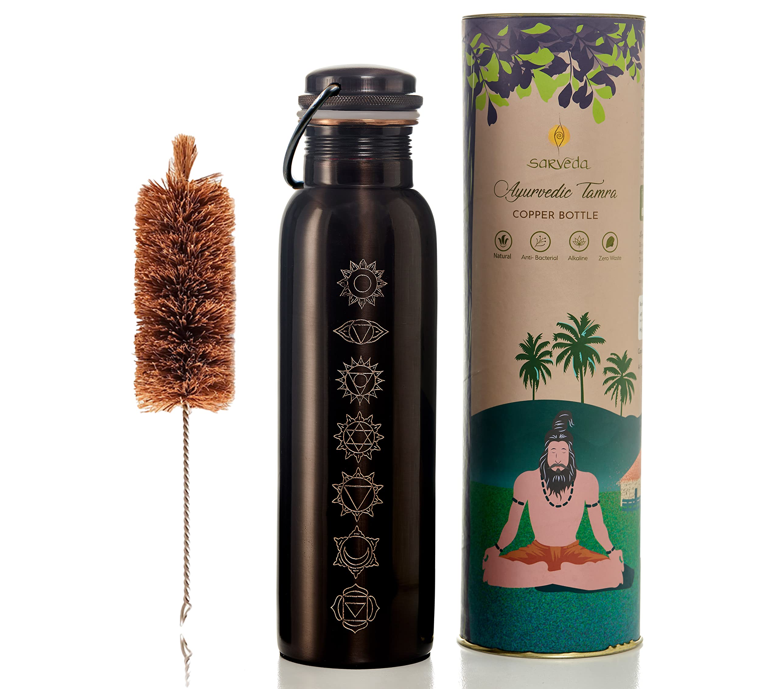 7 Chakra Engraved Copper Water Bottle 1 Litre with Handle & Brush | Vintage