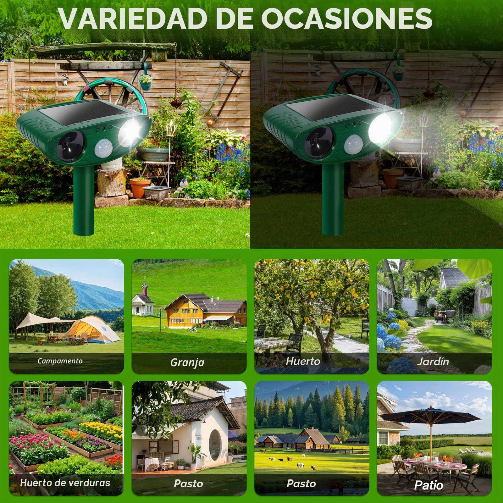 Ahuyentador de Gatos Exterior, Ultrasónico Repelente de Zorros Solar con Luz LED, 8m 120° IPX4 Impermeable Aullentador de Animales para Gatos Zorros Martas Mapaches Perros