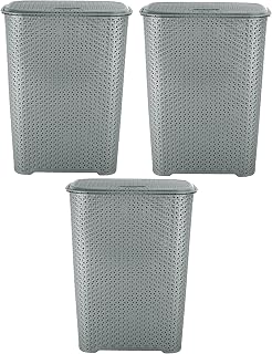 (Set of 3)- 65L Litre Large Virgin Plastic Laundry Basket High Grade Drop All Knit Design BPA Free Washing Storage Basket Lidded Hamper Basket Laundry Storage Bin Tidy 43.5 x 28 x 56cm (Grey)