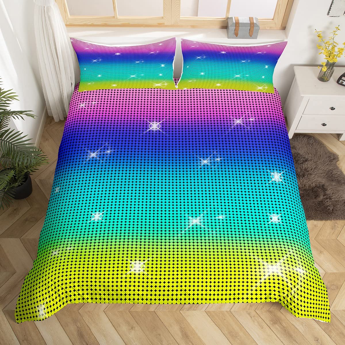 Homemissing Glitter Duvet Cover Set Rainbow Pastel Bedding Set for Kids Boys Girls Colorful Decor Comforter Cover Set Microfiber Geometric Bedspread Cover Bedclothes Double — image 1