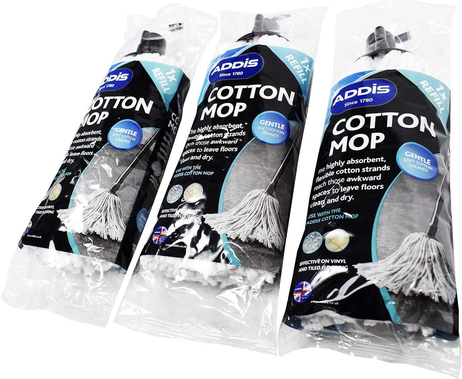 Addis Mop Replacement Refill Heads, Recycled Cotton, Pack of 3, White